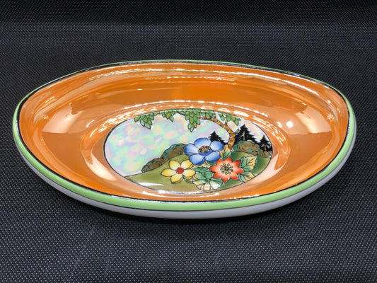 Noritake luster oval trinket dish design orange and green with flowers