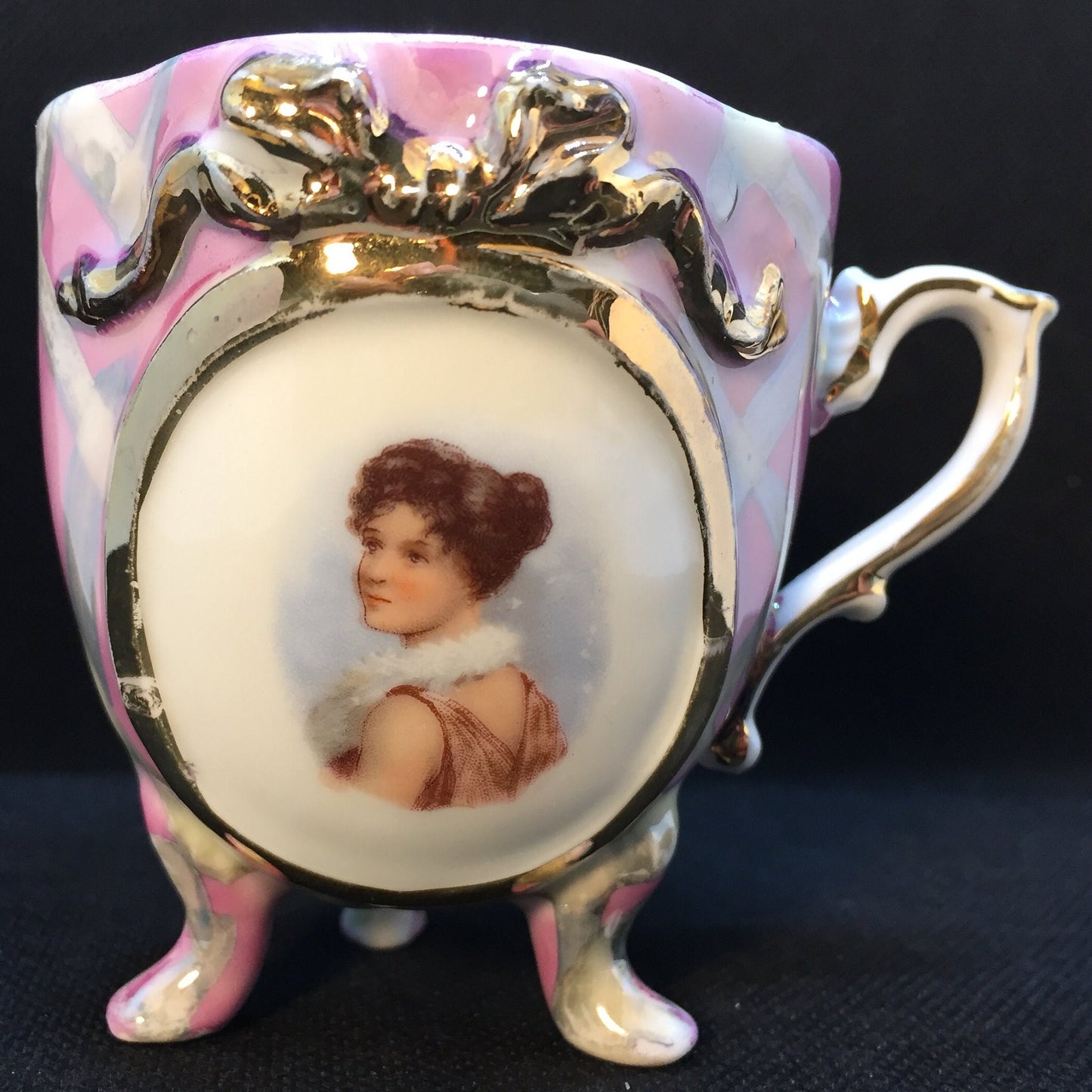 Opalescent Footed Teacup Made in Germany Brown Haired Lady