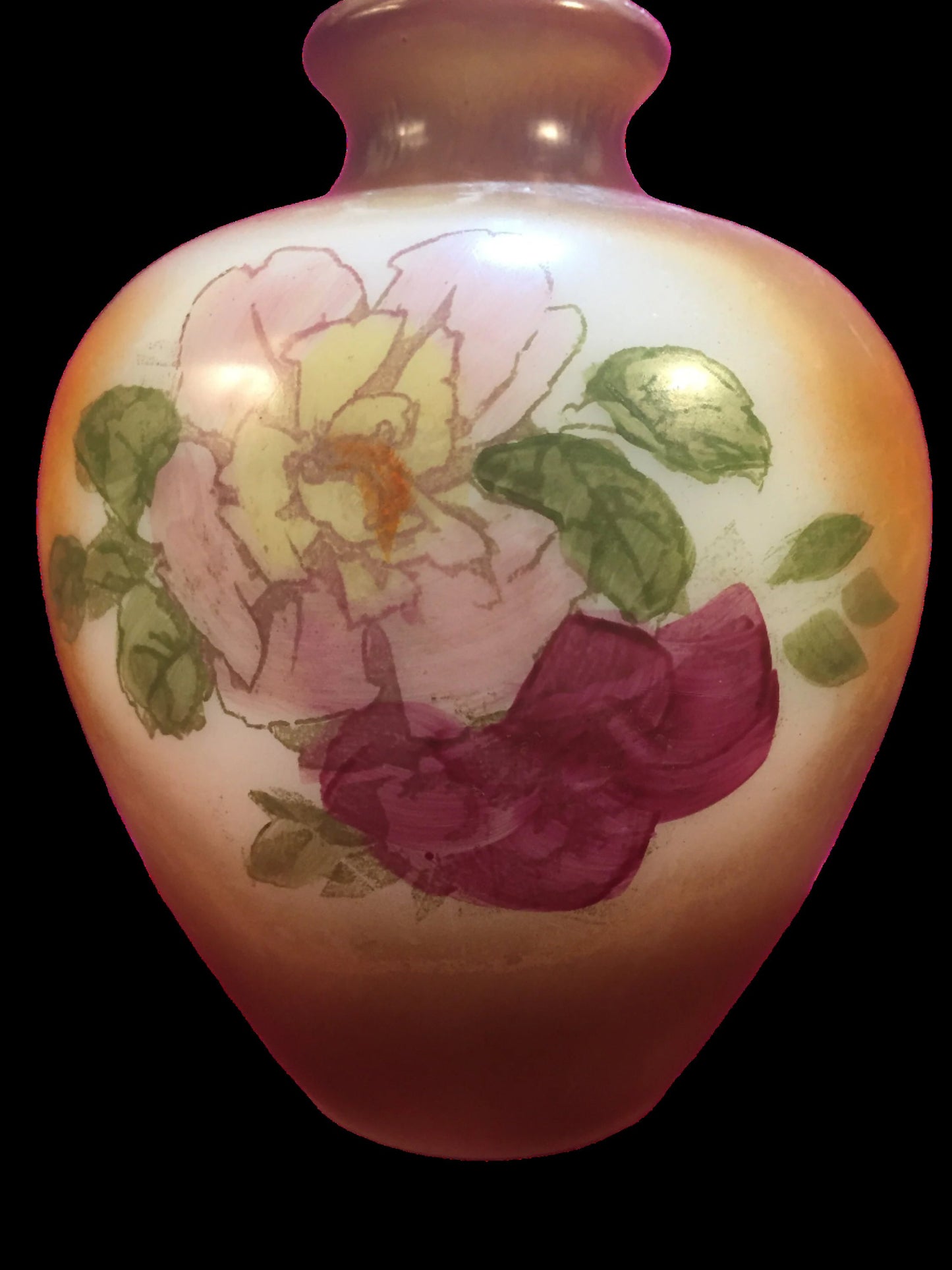 Painted Milk Glass Vase with Pink, Yellow, and Red Flowers