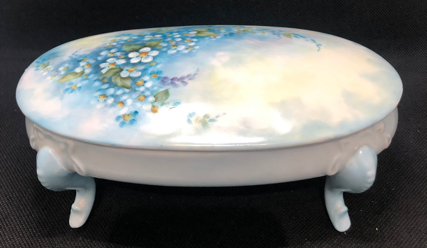 Painted Porcelain Jewelry Box-Trinket blue with flowers 