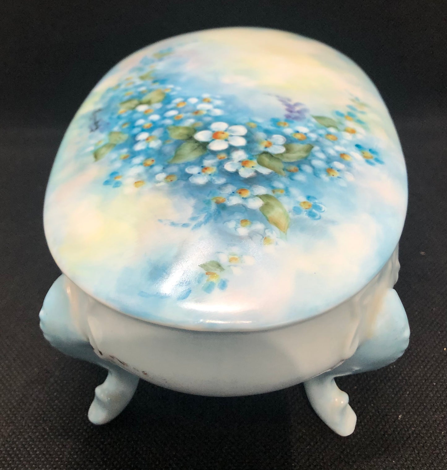 Painted Porcelain Jewelry Box-Trinket blue with flowers end view