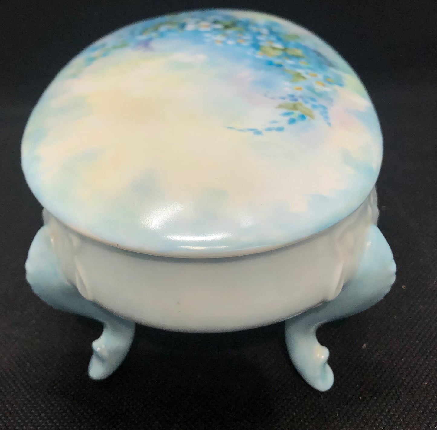 Painted Porcelain Jewelry Box-Trinket blue with flowers end view curved legs