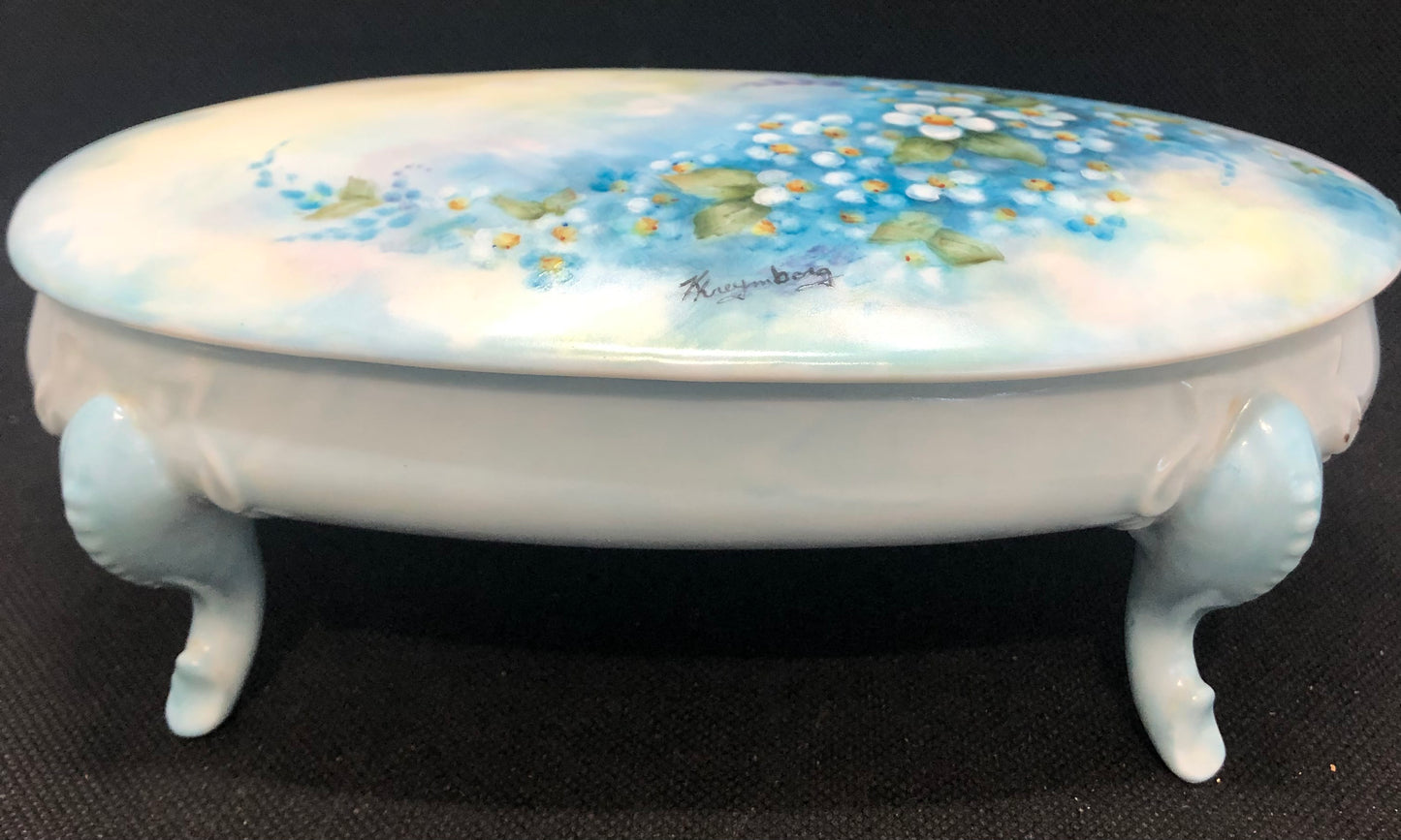 Painted Porcelain Jewelry Box-Trinket blue with flowers end view signed