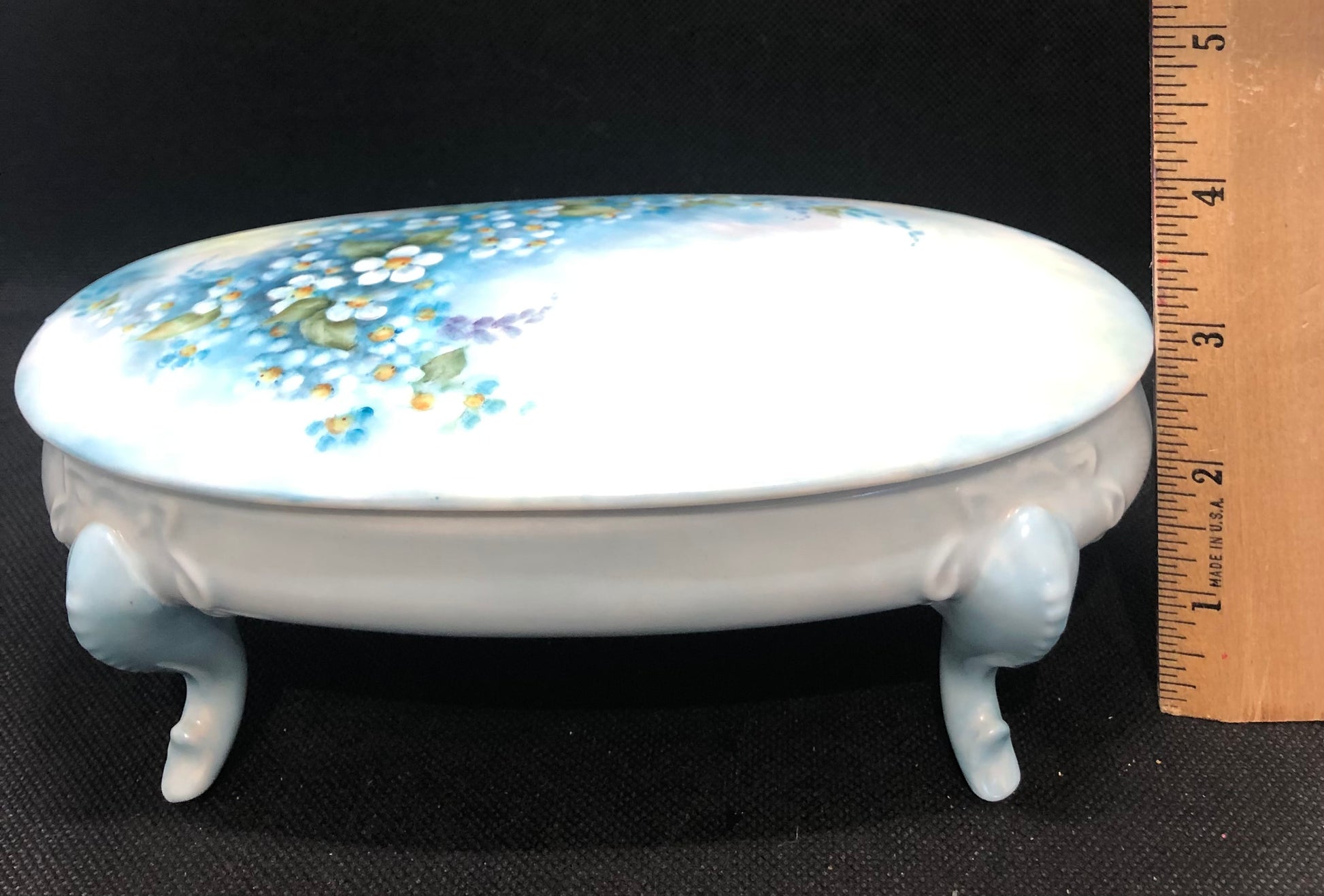 Painted Porcelain Jewelry Box-Trinket blue with flowers height