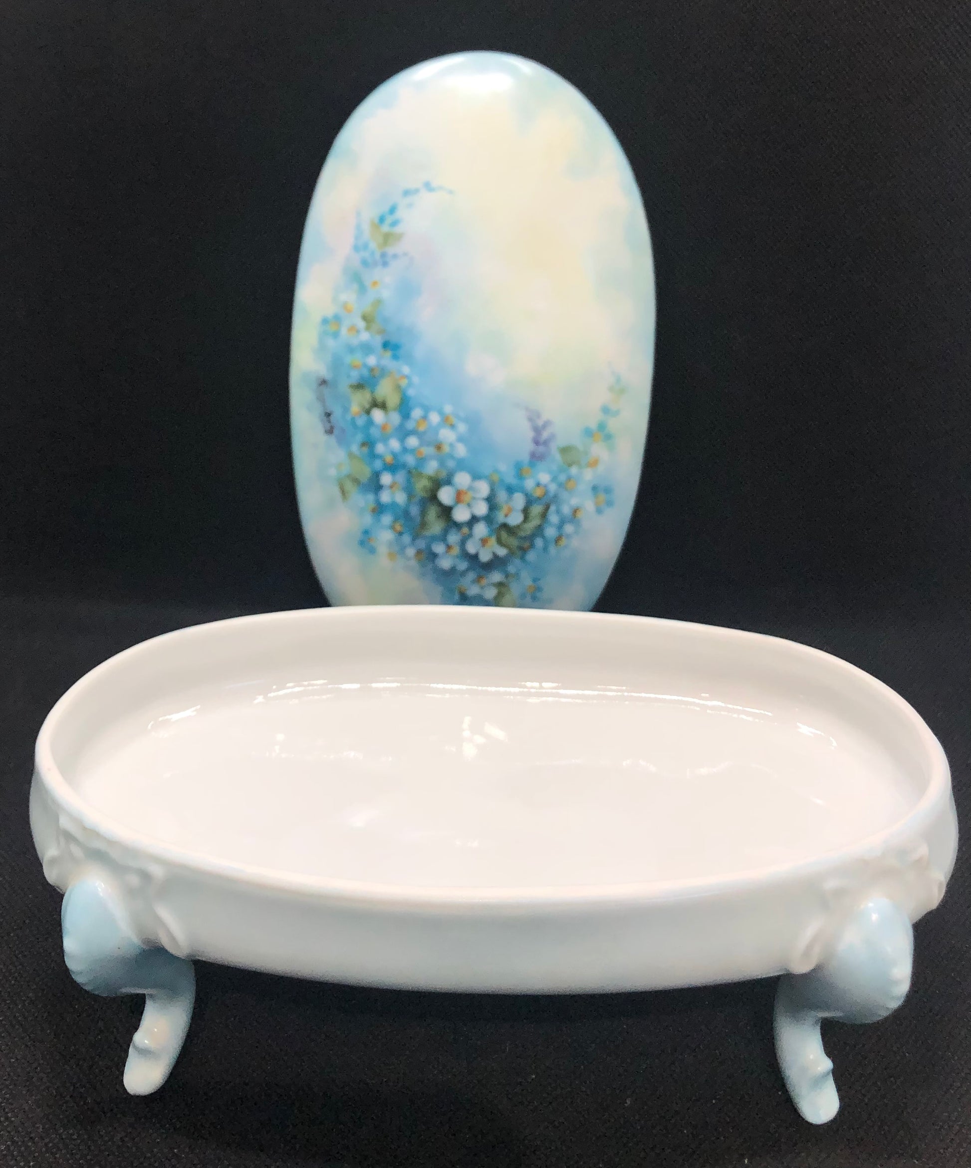 Painted Porcelain Jewelry Box-Trinket blue with flowers interior and lid