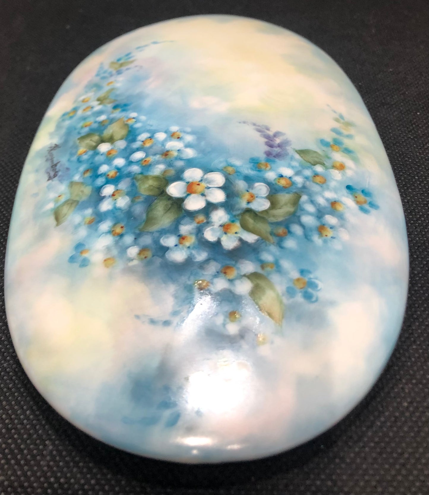 Painted Porcelain Jewelry Box-Trinket blue with flowers lid 