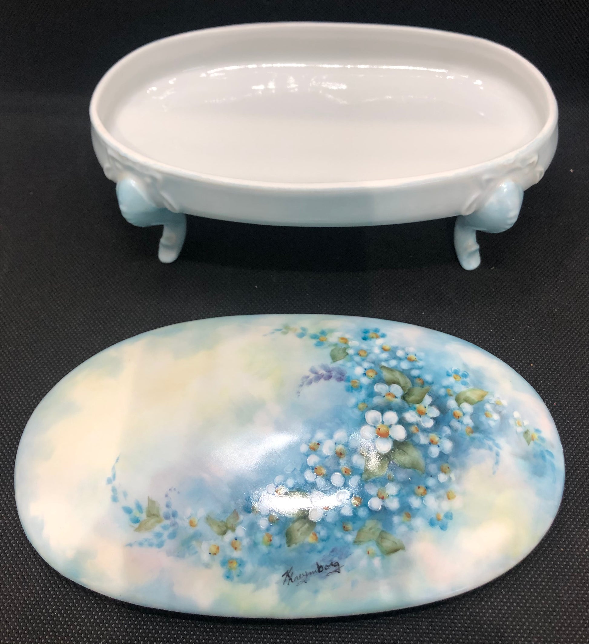 Painted Porcelain Jewelry Box-Trinket blue with flowers lid and interior