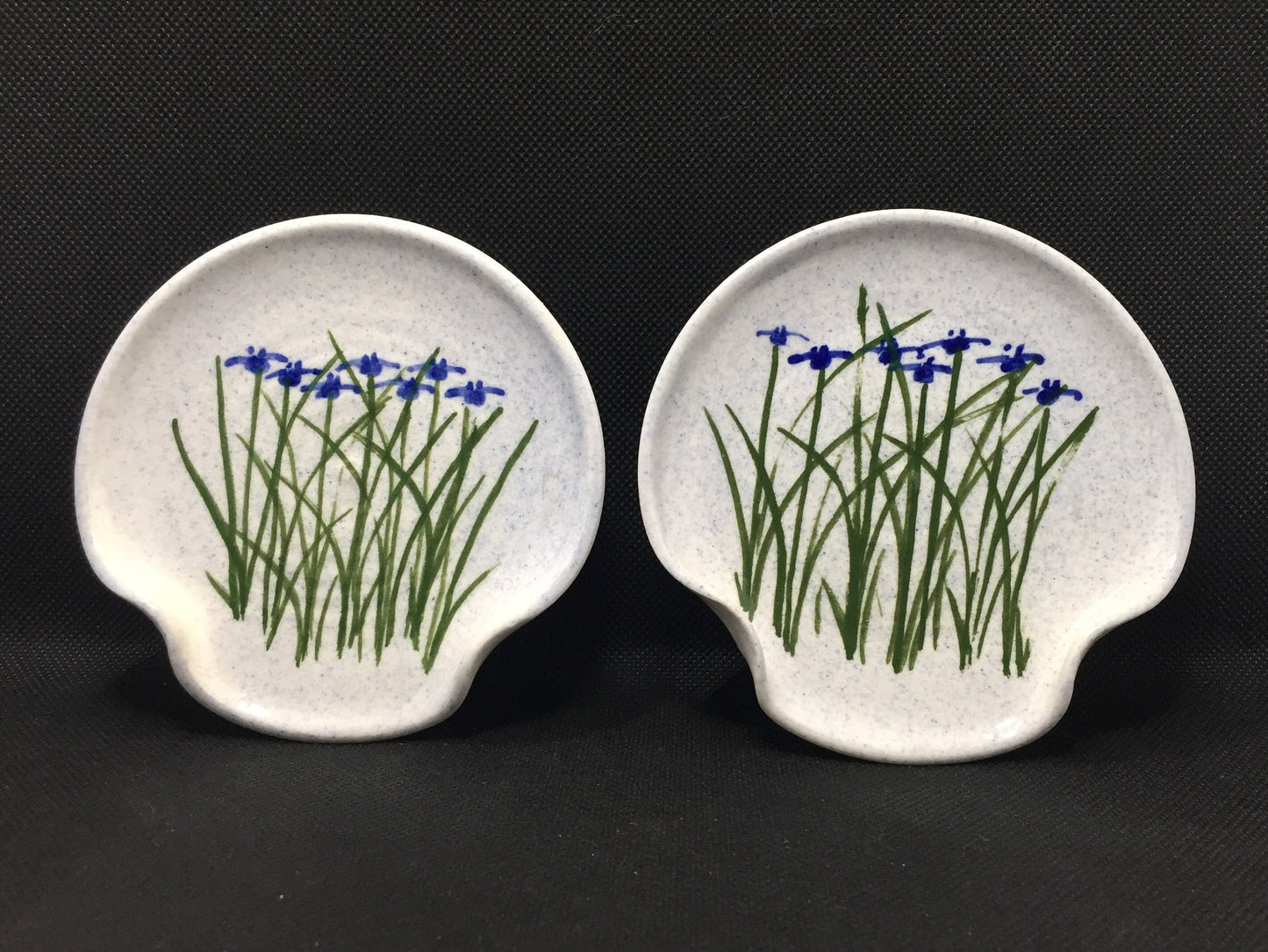 Pair of Blue Iris Pottery Spoon Rests 2