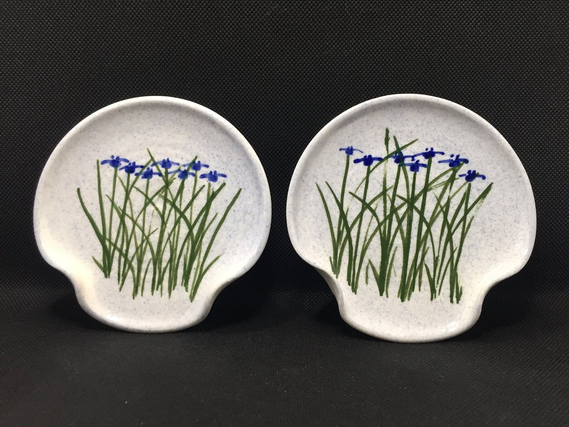 Pair of Blue Iris Pottery Spoon Rests 2