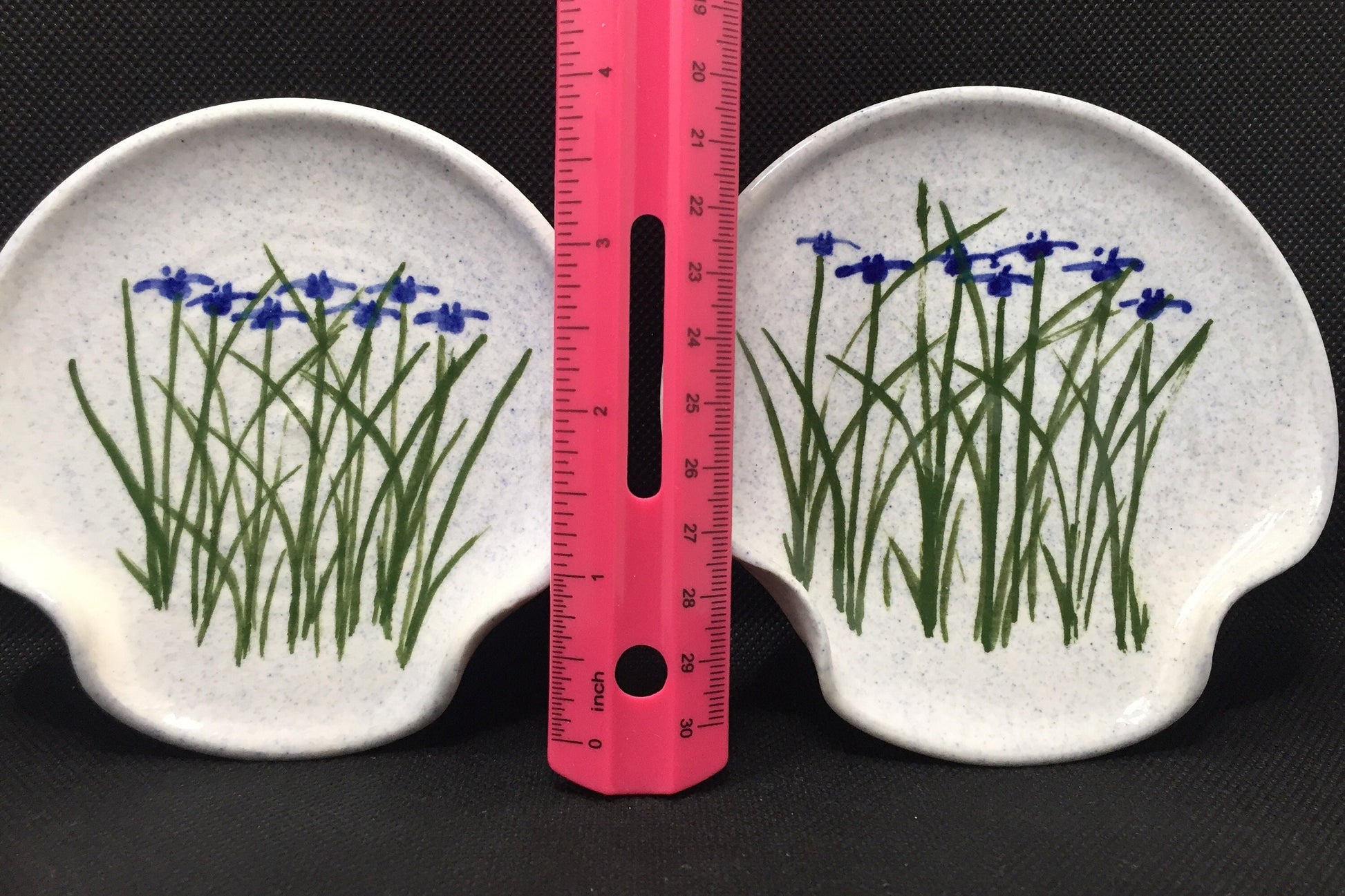 Pair of Blue Iris Pottery Spoon Rests Length