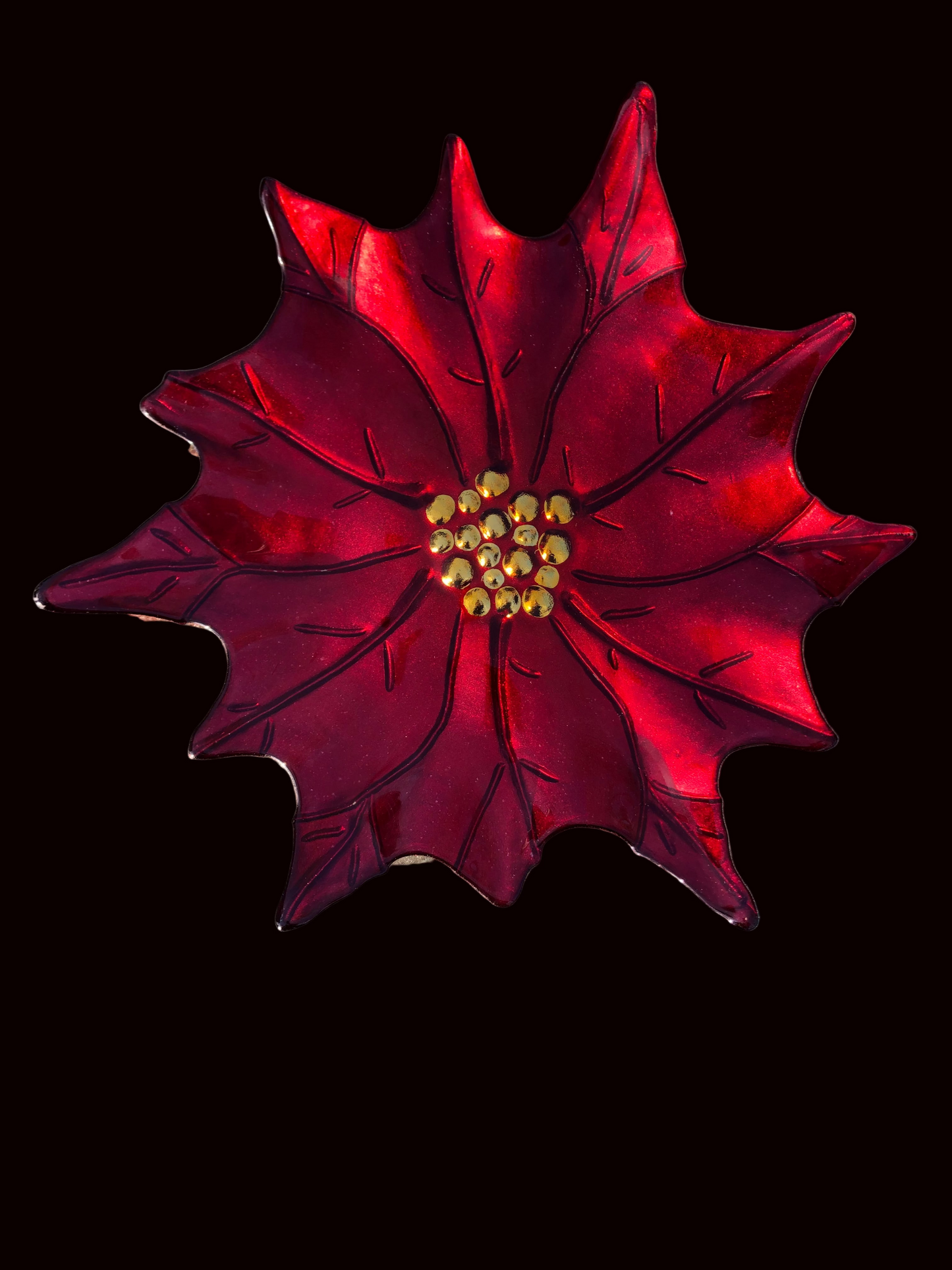 Red poinsettia decorative plate made of glass and reverse painted