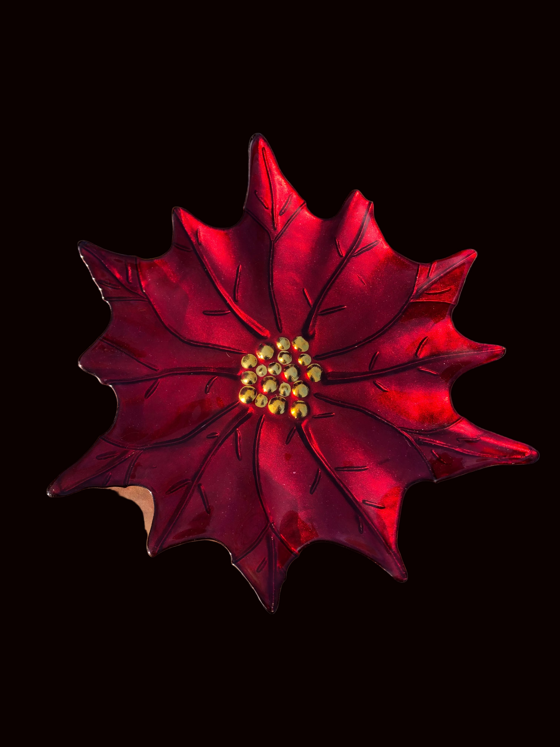 Reverse painted red glass poinsettia plate