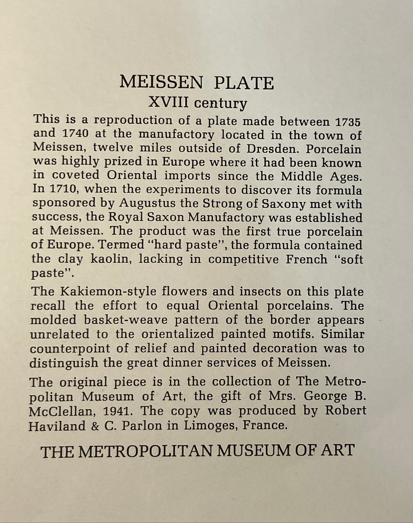 Text description of a Meissen plate from the Metropolitan Museum of Art