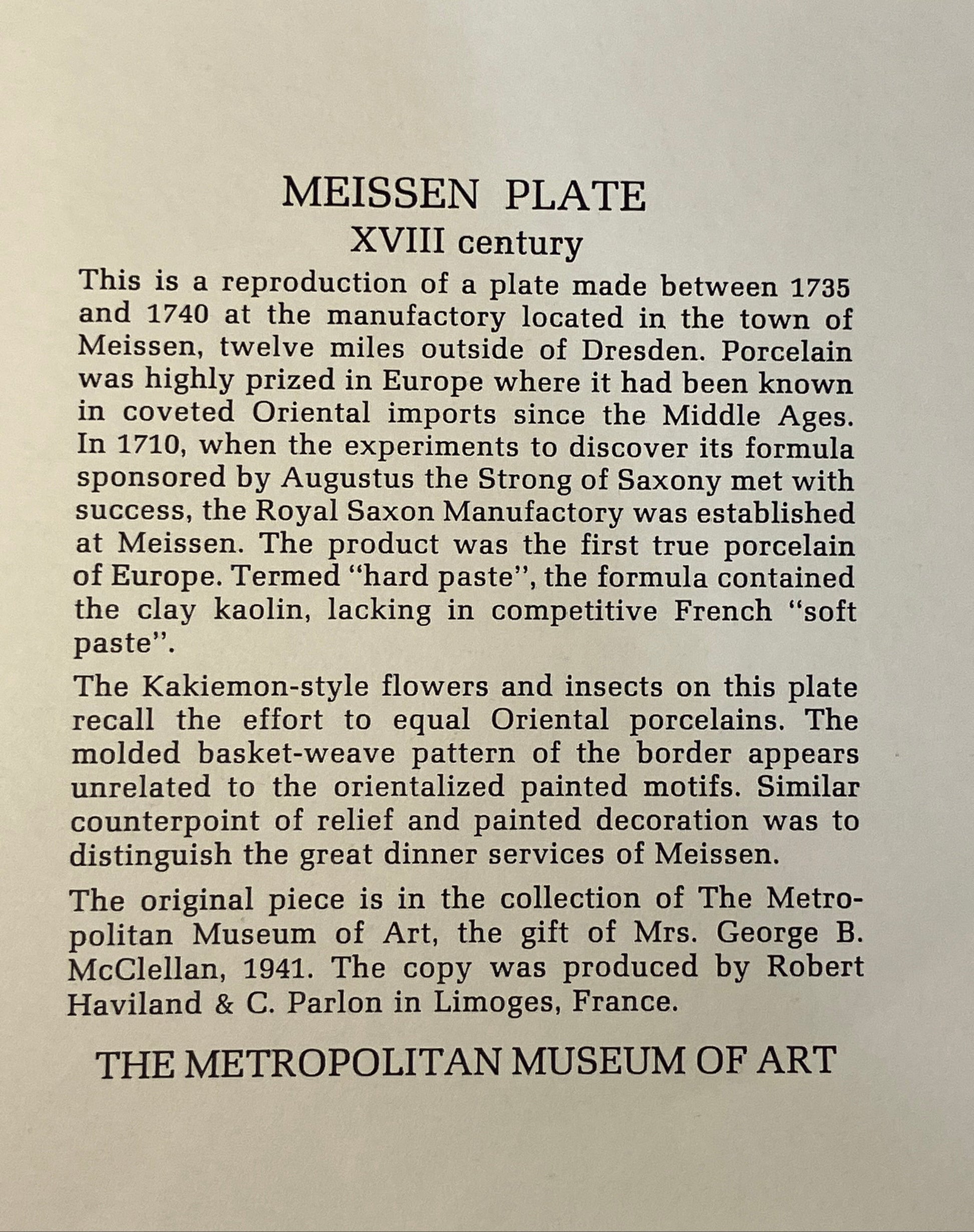 Text description of a Meissen plate from the Metropolitan Museum of Art