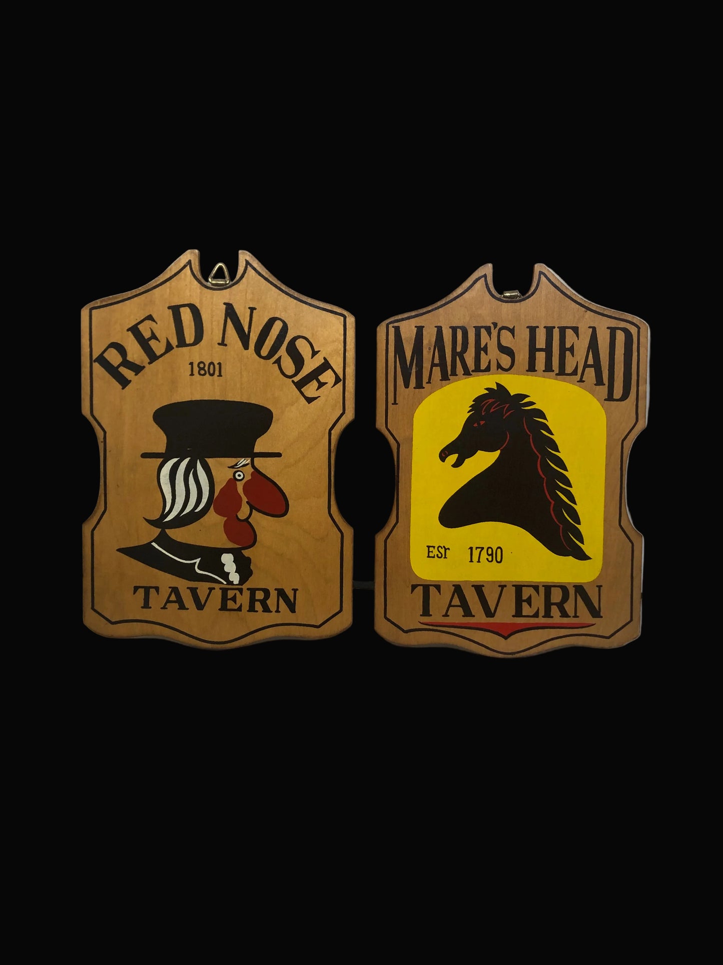 Two vintage wooden tavern signs with black and yellow designs made in Japan