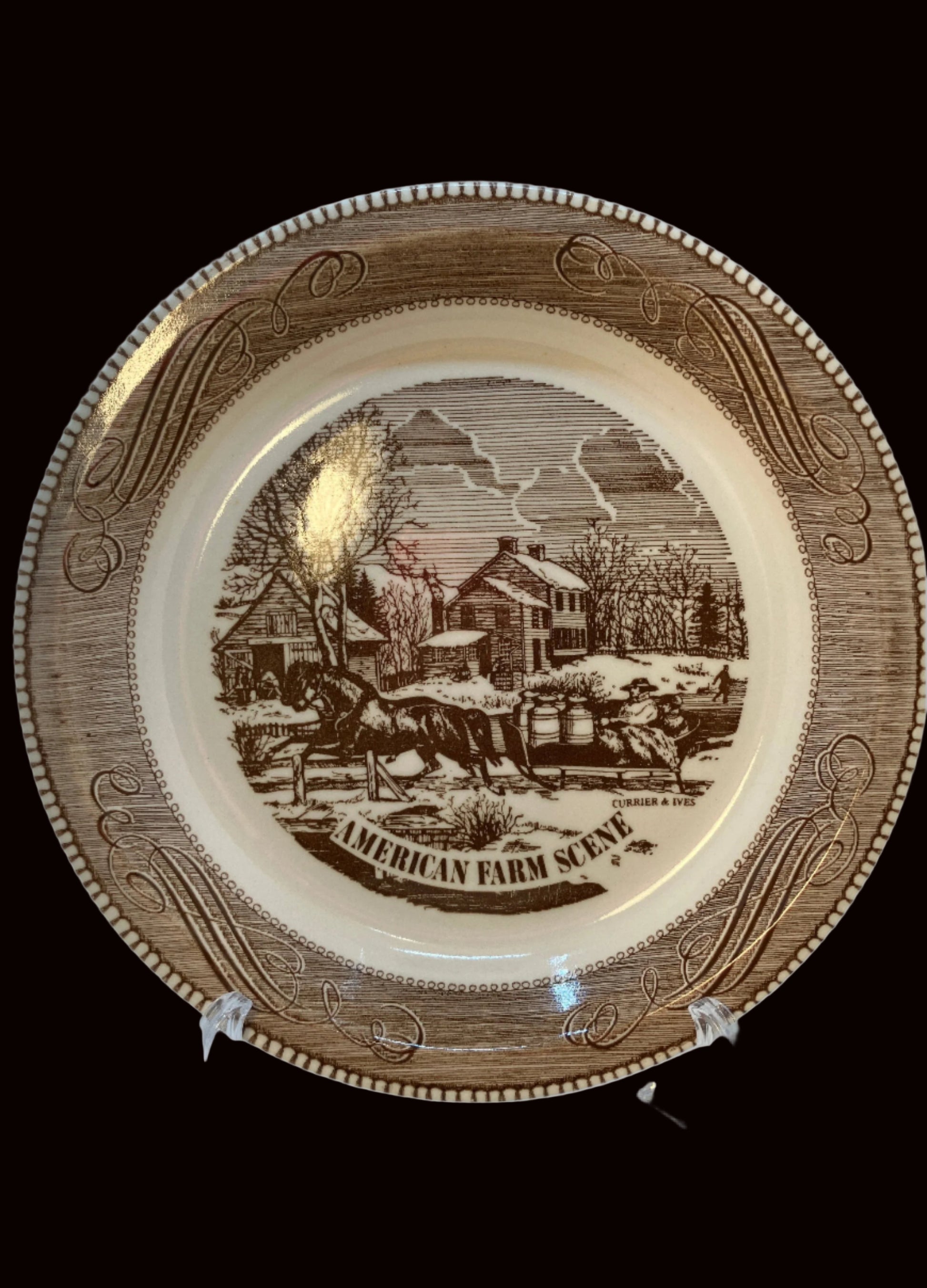 Vintage Jeanette Royal China pie plate with horses and sleigh