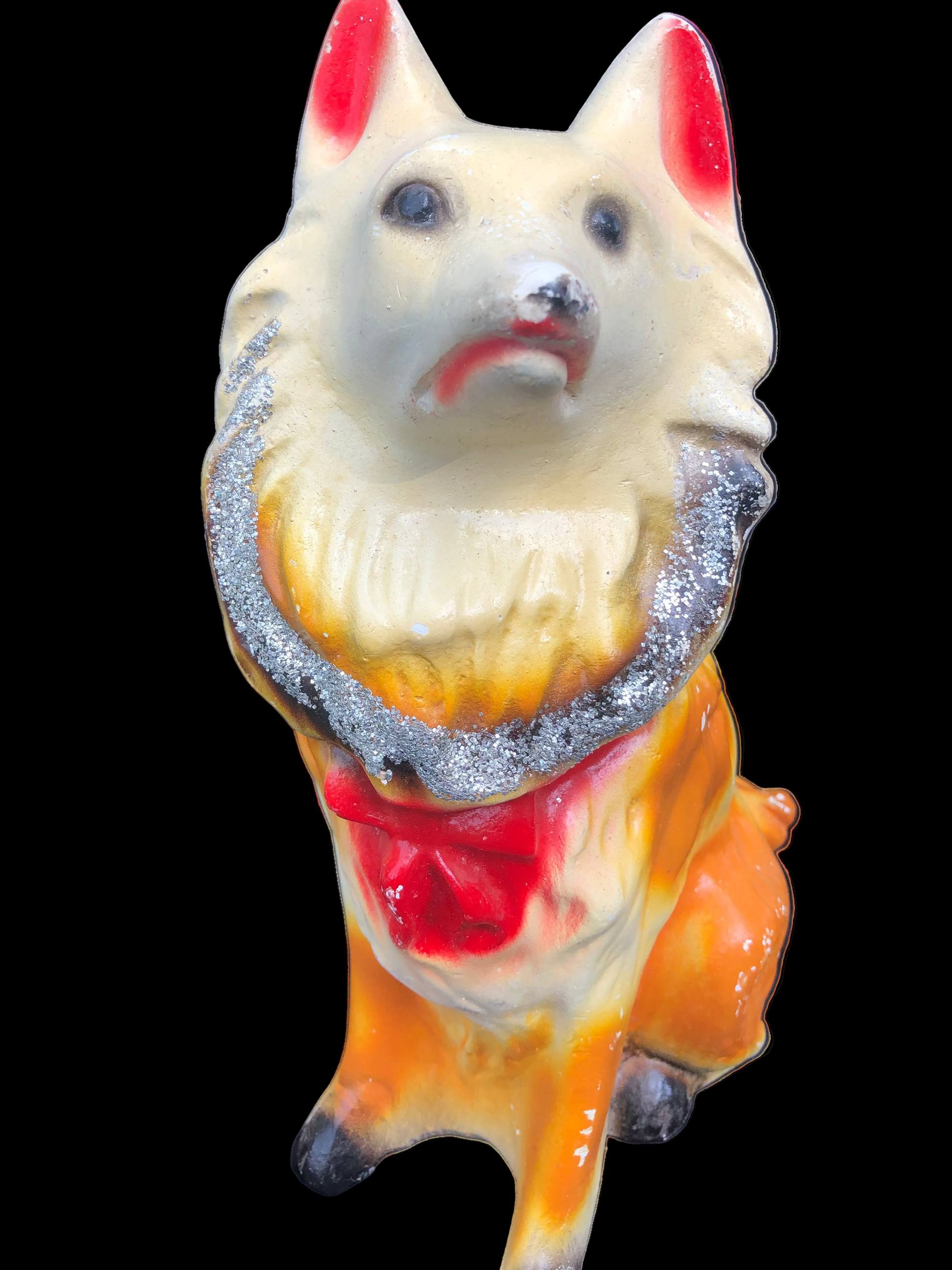 Vintage Mid Century Collie Dog Chalk ware Carnival Prize Bank in Orange and White with a Red Bow and Glitter 