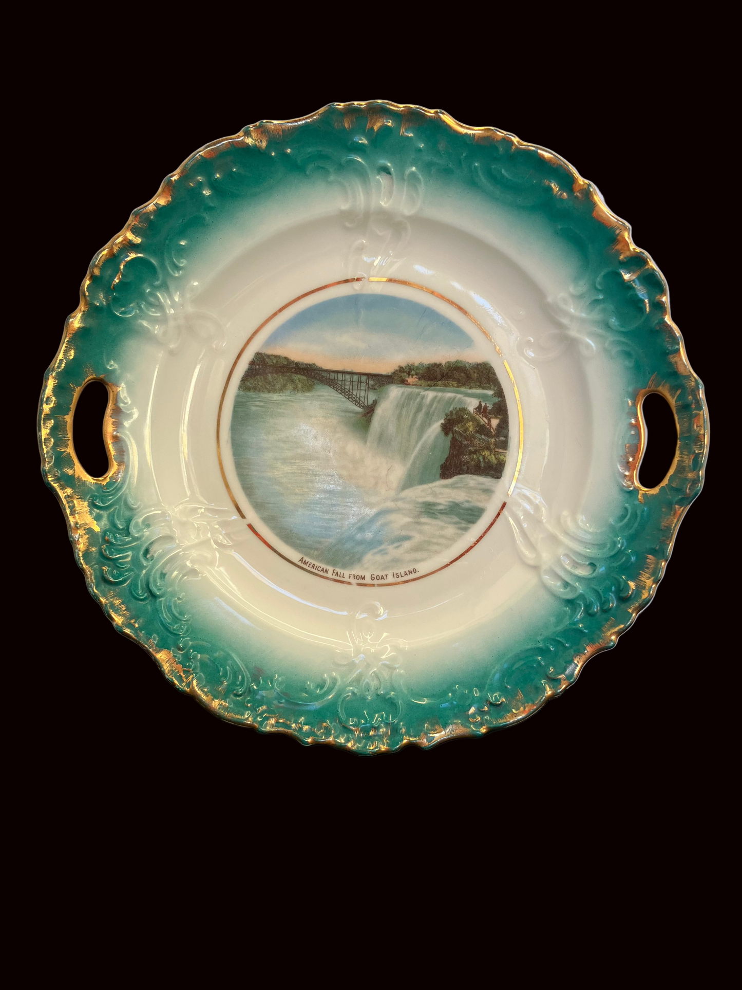 Vintage Niagara Falls souvenir plate in turquoise and gold