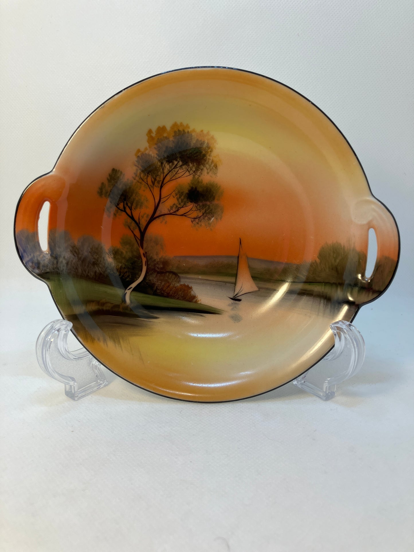 Vintage Noritake Hand-Painted Bowl with Handles and Sunset Lake Scene