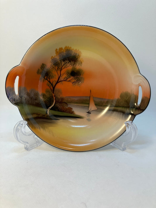 Vintage Noritake Hand-Painted Bowl with Handles and Sunset Lake Scene