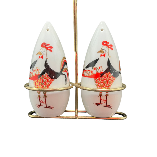 Vintage Salt & Pepper Shakers MCM Rooster with Holder