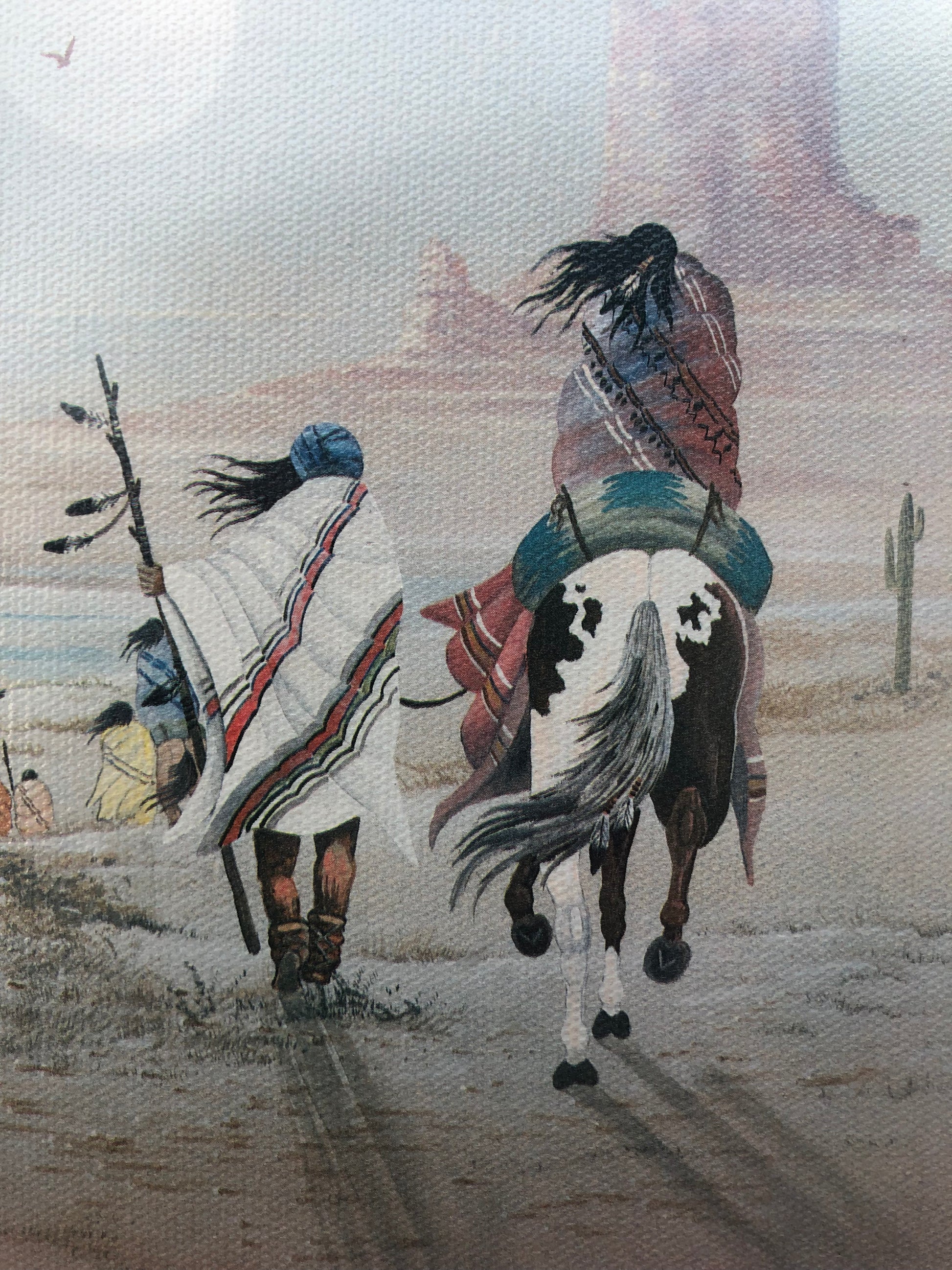Vintage art of Depicts a couple traveling, one on horseback and one on foot