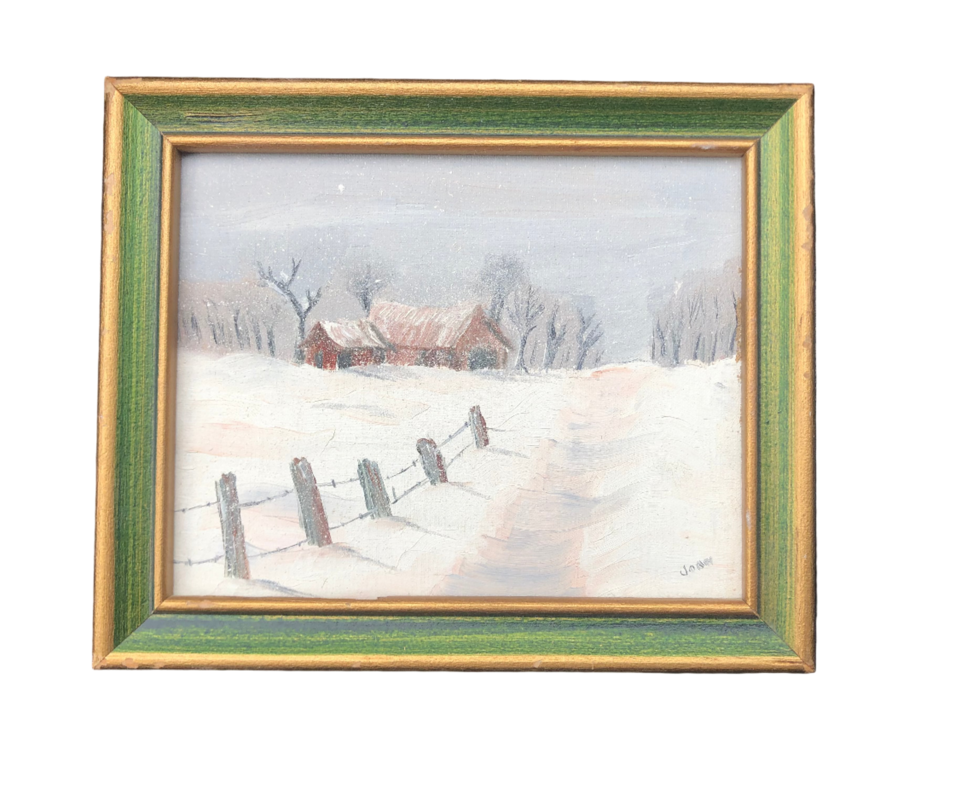 Vintage miniature painting of winter landscape with barn