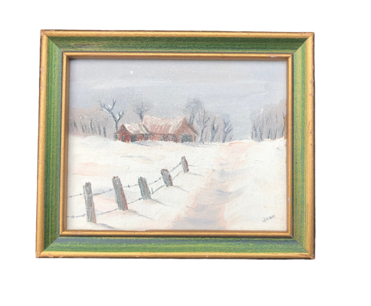 Vintage miniature painting of winter landscape with barn