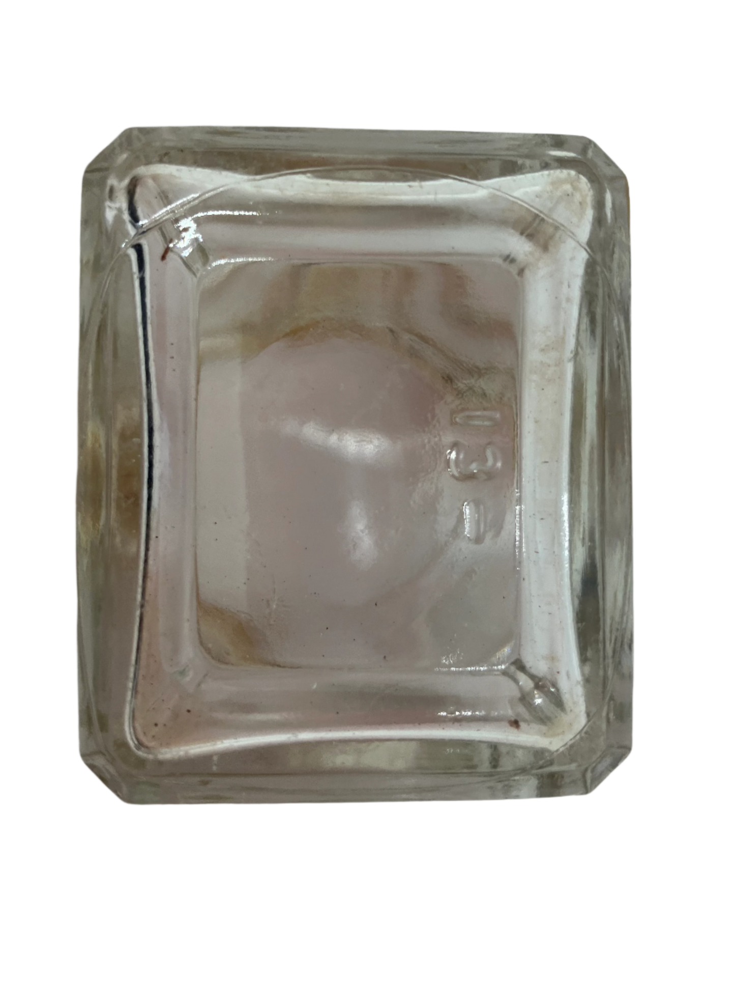 Vintage square glass ink bottle with 13 stamped on bottom