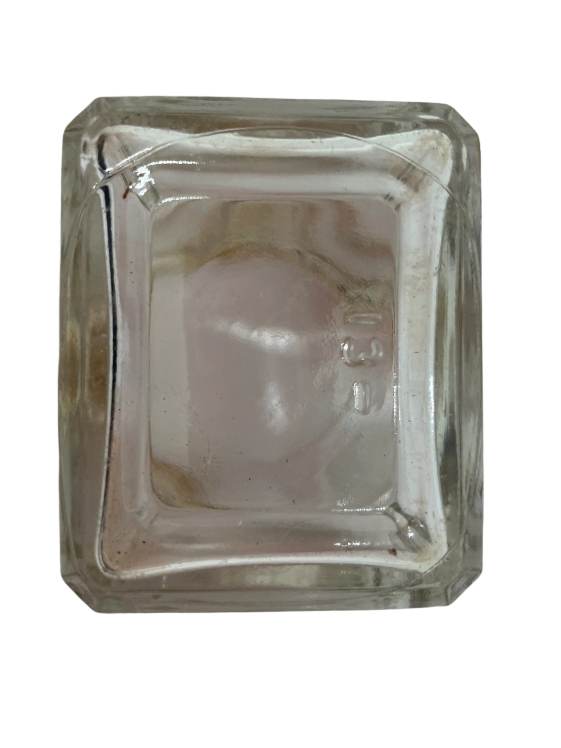 Vintage square glass ink bottle with 13 stamped on bottom