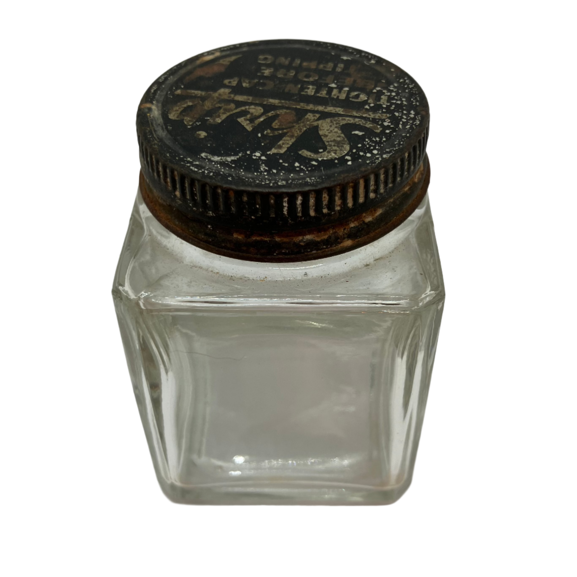 Vintage square glass ink bottle with metal lid 