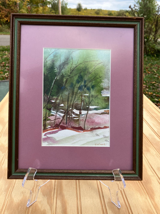 Vintage watercolor painting featuring a landscape