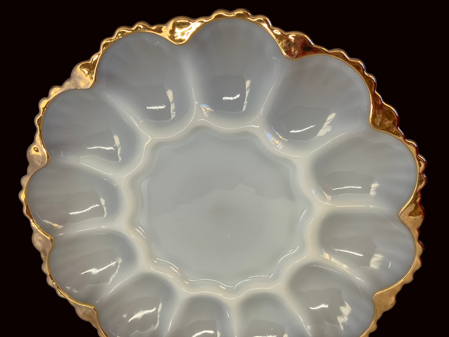White and gold Anchor hocking milk glass deviled egg plate 