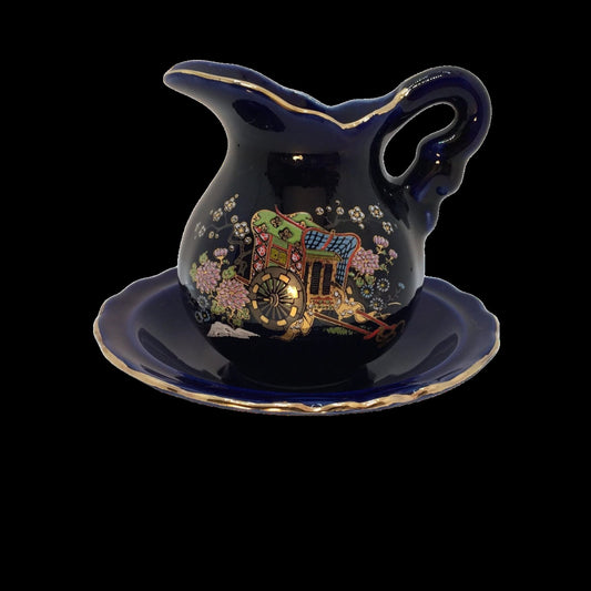 Cute Cobalt Blue Porcelain Mini Pitcher and Base
