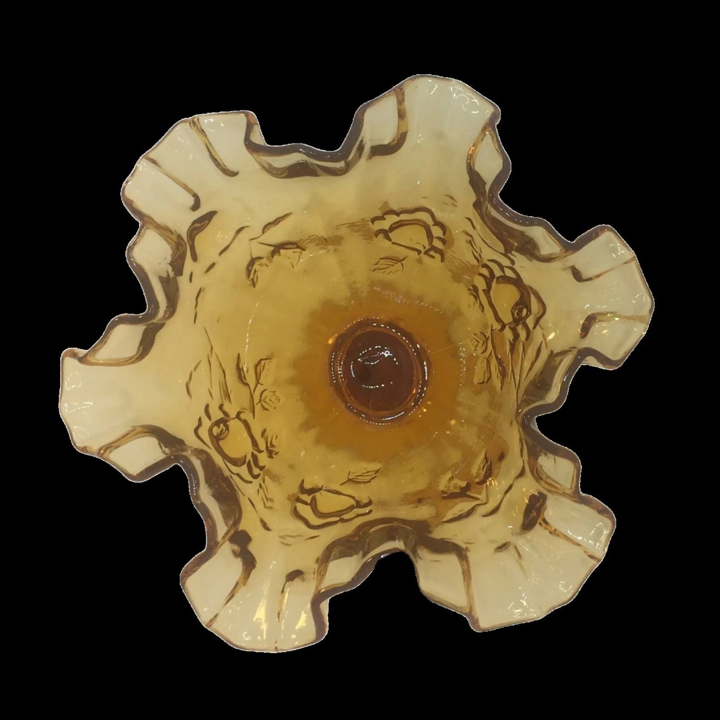 Fenton Amber Glass Ruffled Edge Compote with Roses