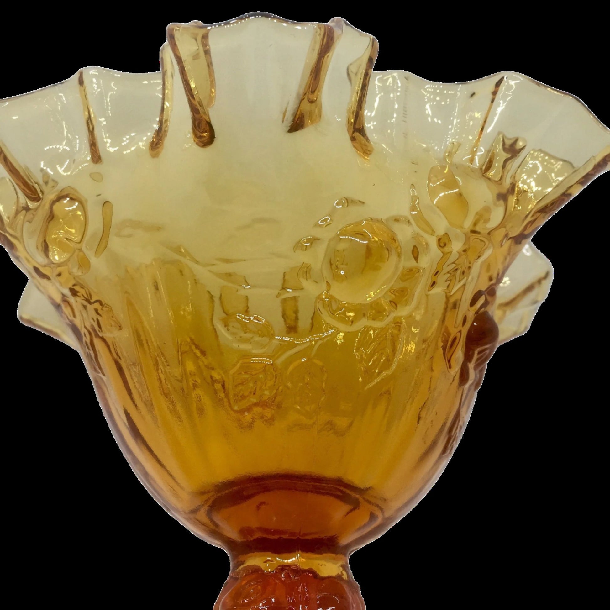 Fenton Amber Glass Ruffled Edge Compote with Roses