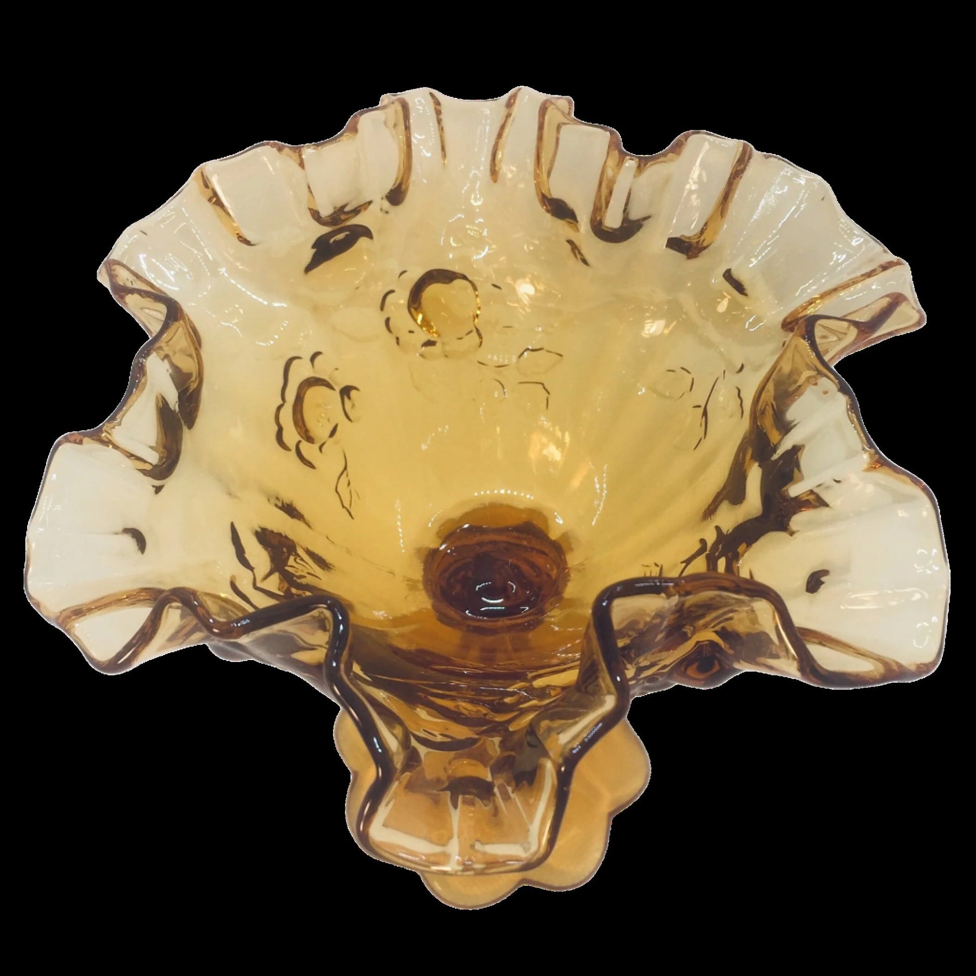 Fenton Amber Glass Ruffled Edge Compote with Roses