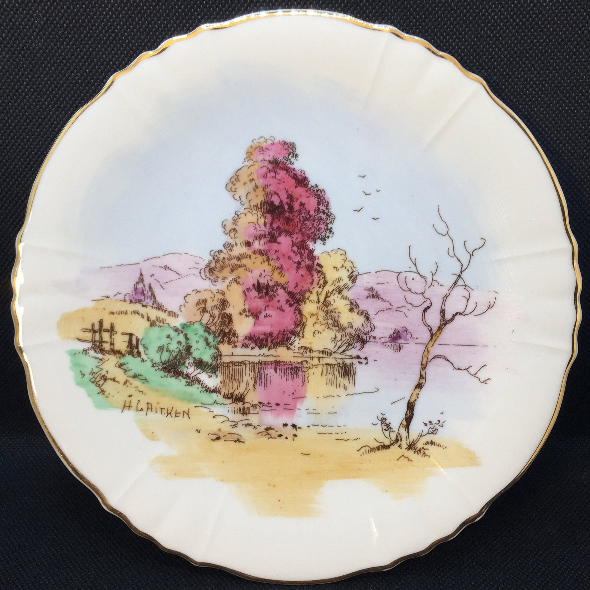 Syracuse China Plate with Hand painted Landscape by H. G. Aitkin