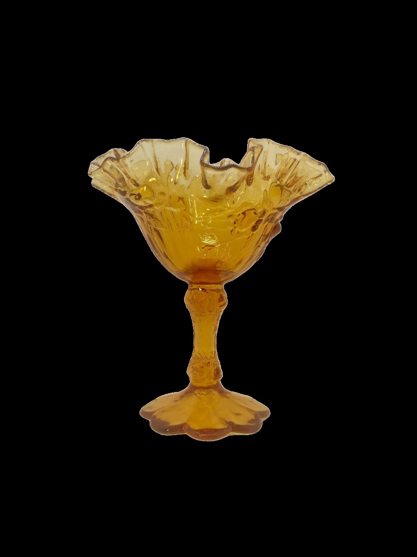 Fenton Amber Glass Ruffled Edge Compote with Roses