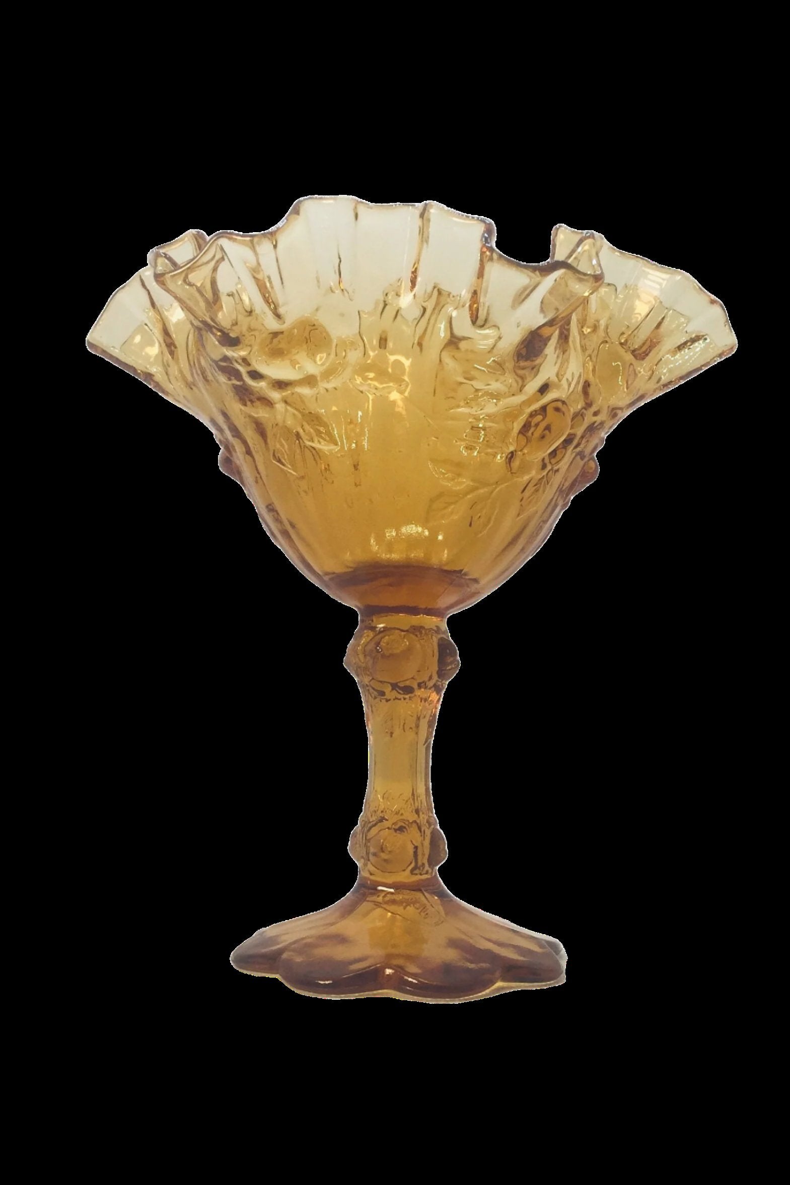 Fenton Amber Glass Ruffled Edge Compote with Roses