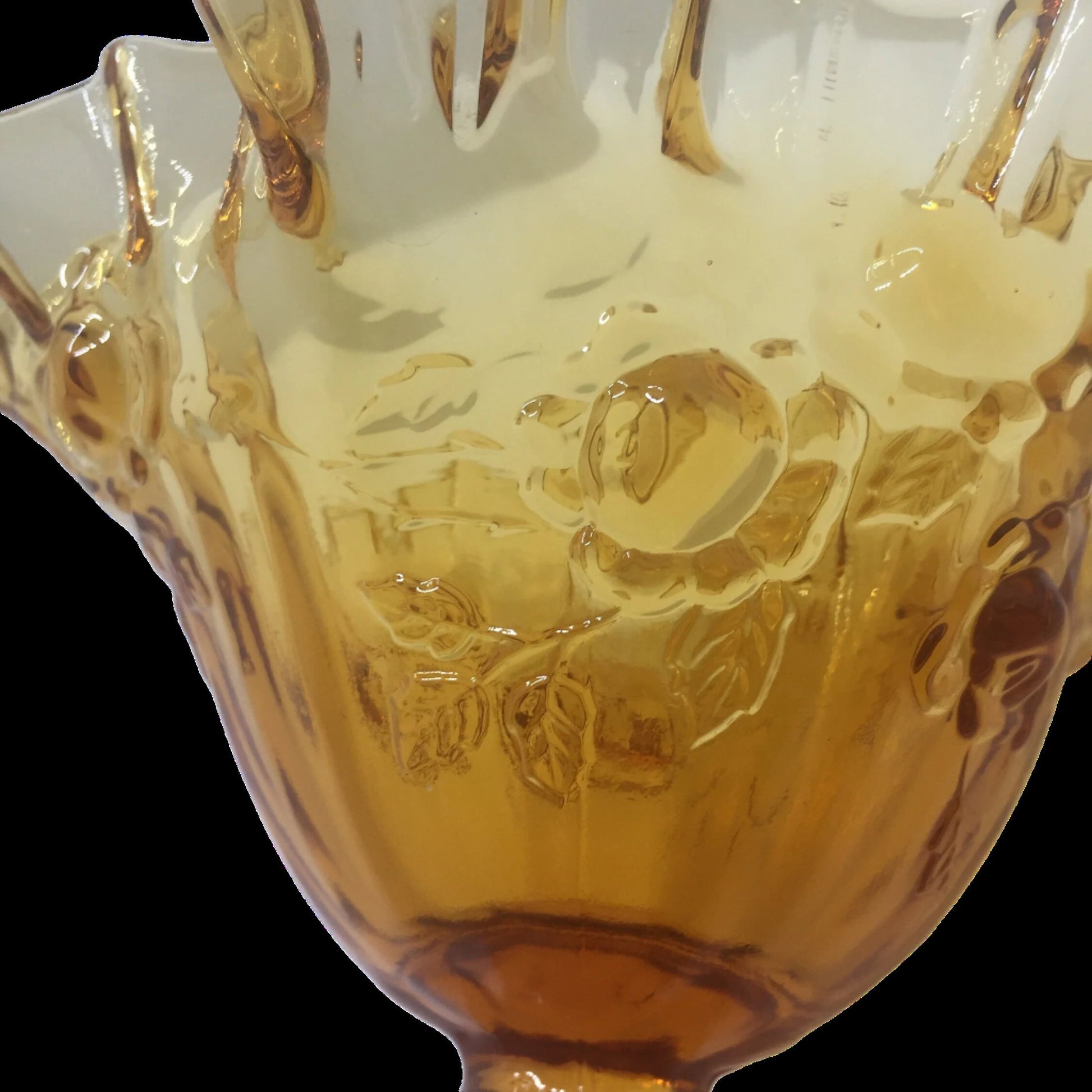 Fenton Amber Glass Ruffled Edge Compote with Roses