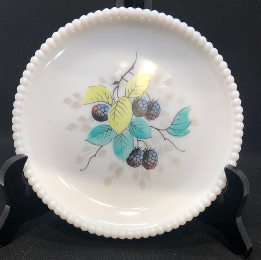 mid century milk glass hand painted plate by Westmoreland with blackberry