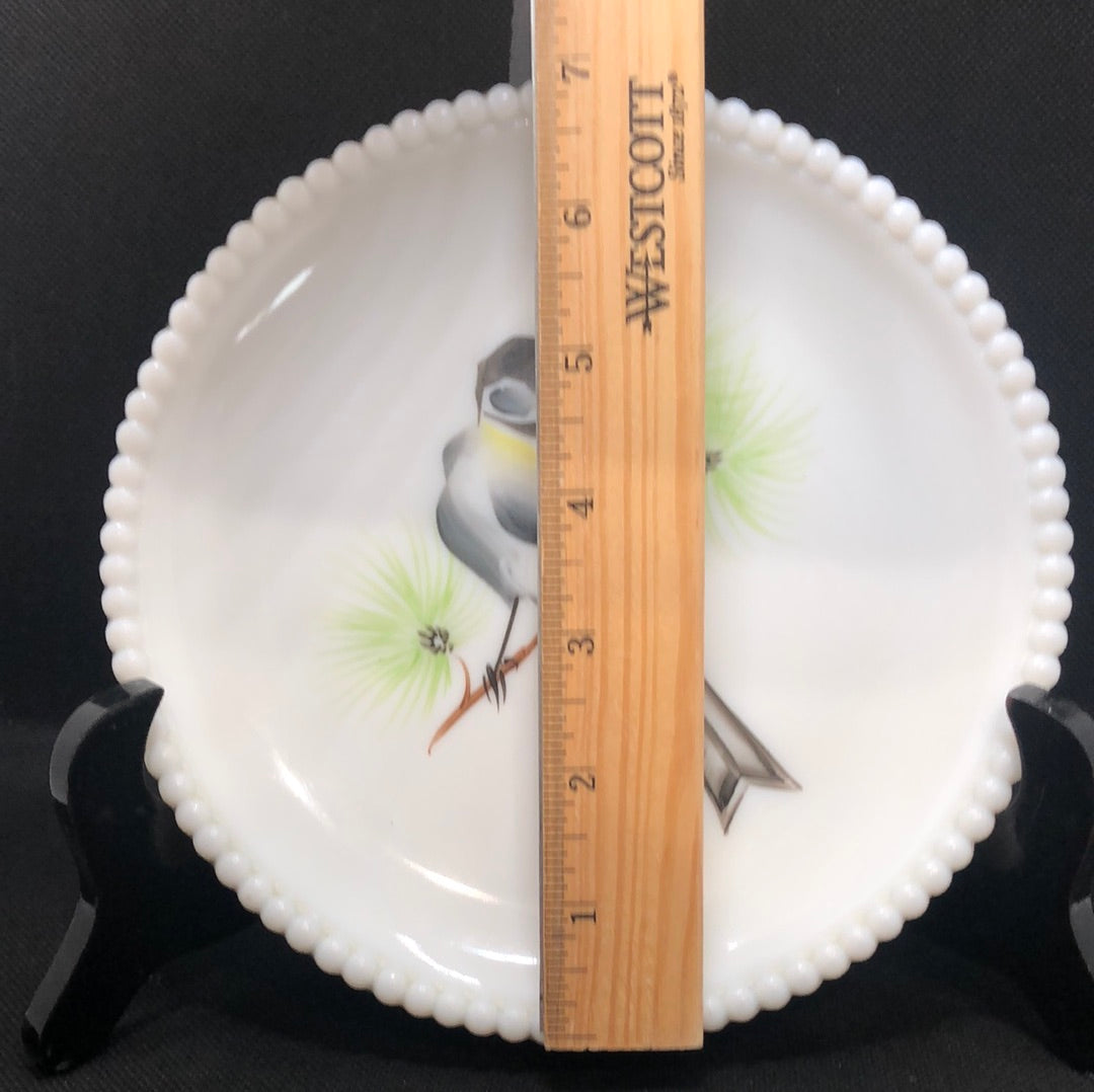 mid century milk glass hand painted plate by  Westmoreland with chick-a-dee bird diameter