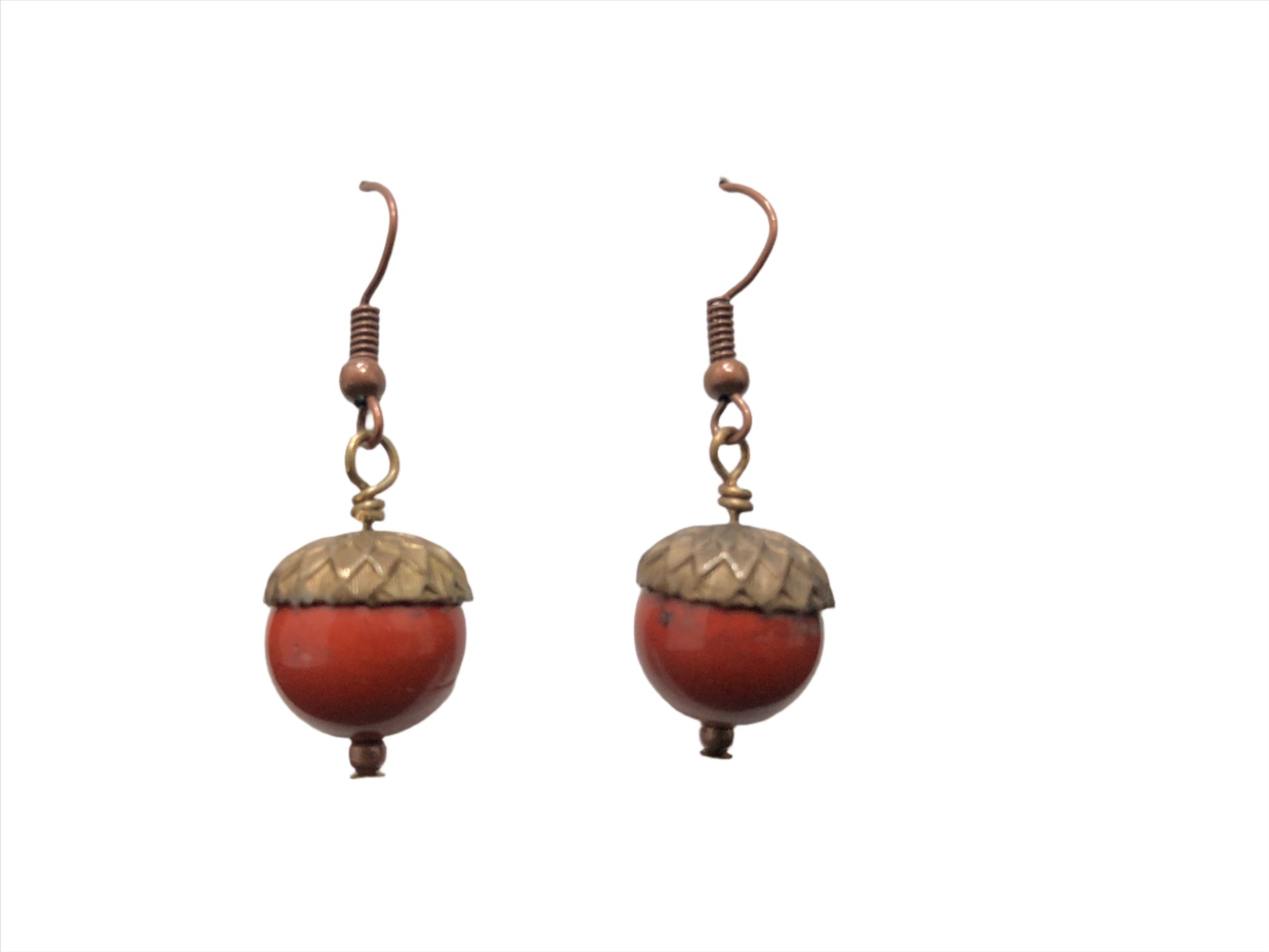 surgical steel earrings with Jasper beads acorns and Vintaj metal caps